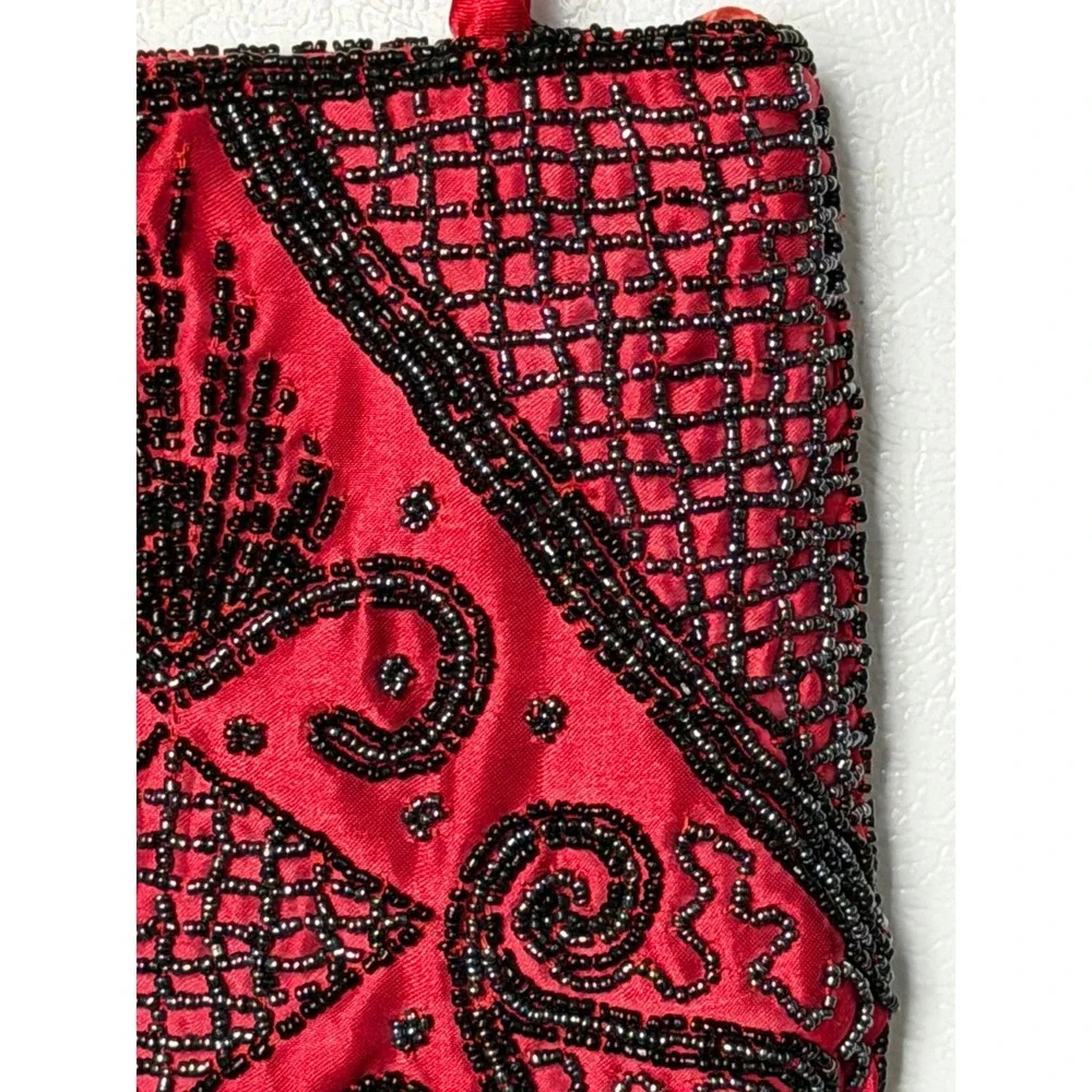 Vintage 90s Red Satin Hand Beaded Mini Handle Bag Crossbody Art Deco Elegant